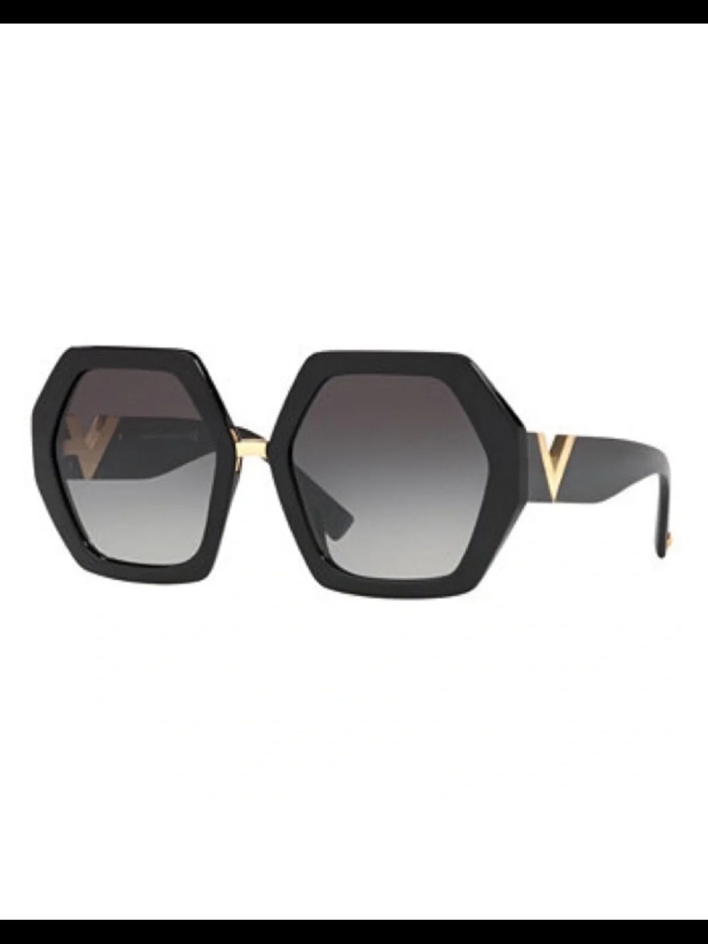 Valentino Black Oversized Hexagon Sunglasses with Gold V Detail